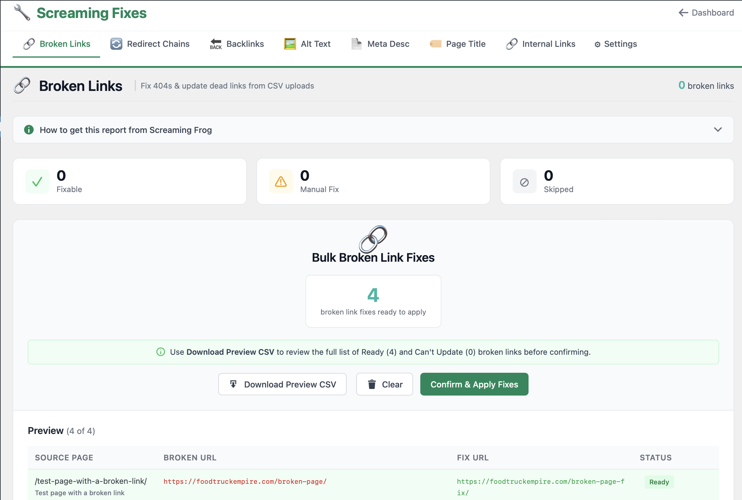Screaming Fixes Broken Links module - WordPress admin interface showing bulk broken link fixes