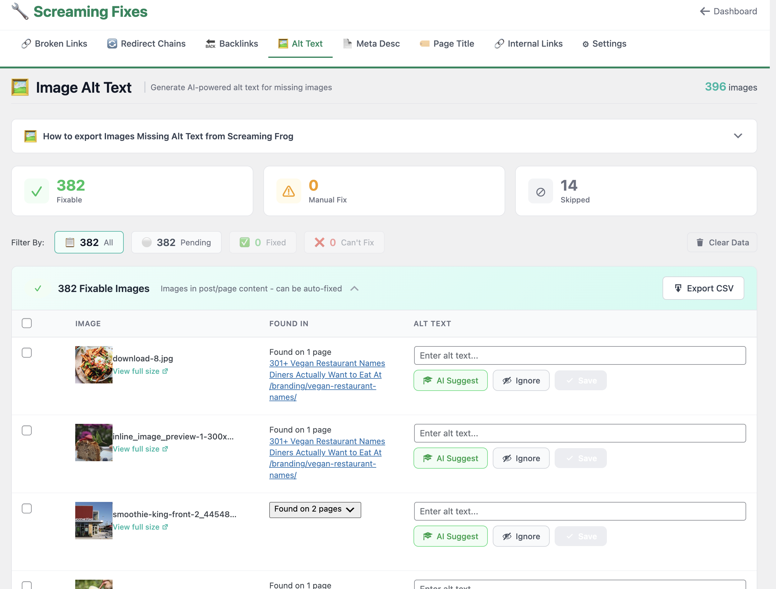 Screaming Fixes Image Alt Text module - WordPress admin interface showing bulk alt text updates