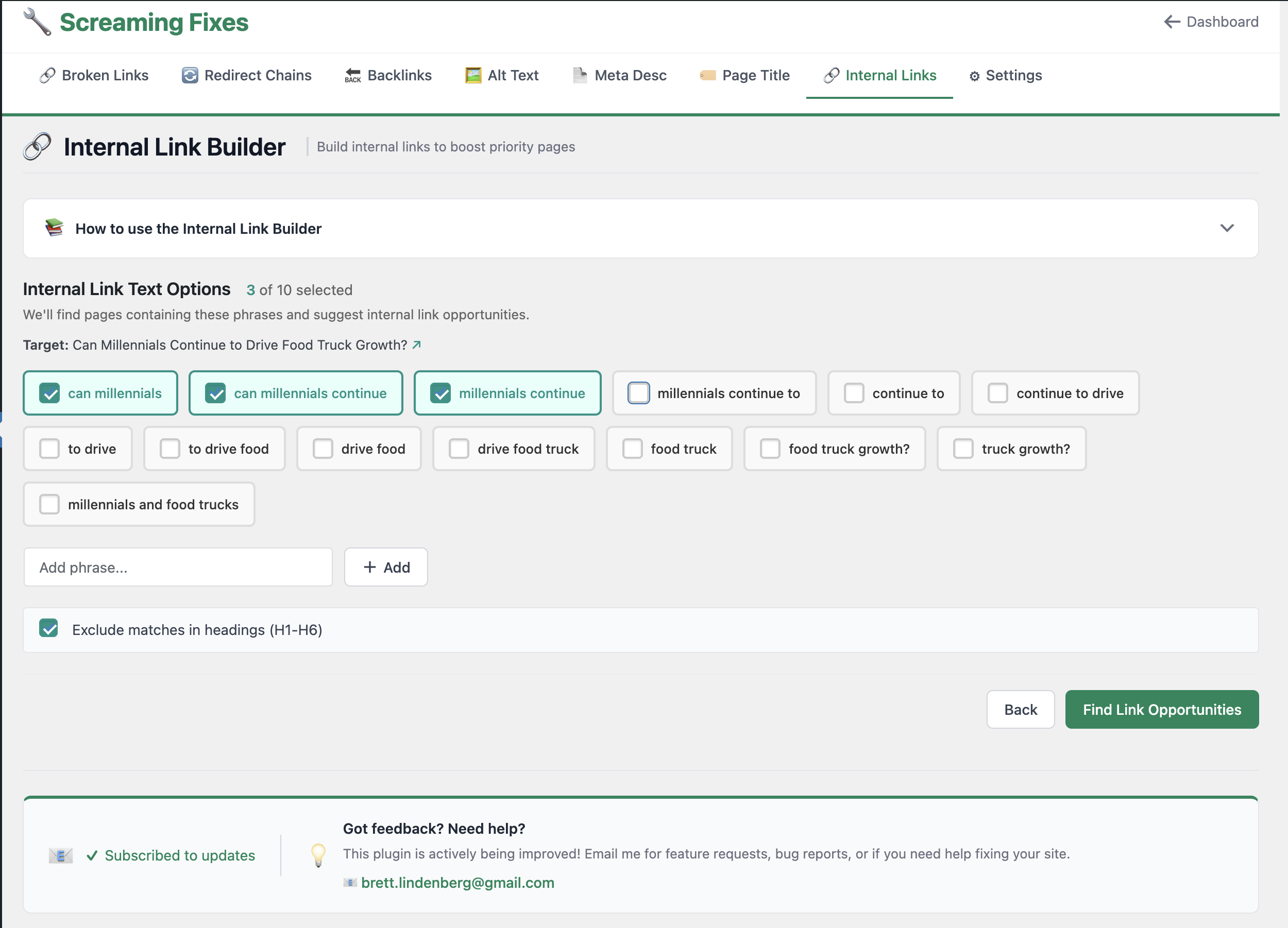 Screaming Fixes Internal Link Builder module - WordPress admin interface showing internal linking opportunities