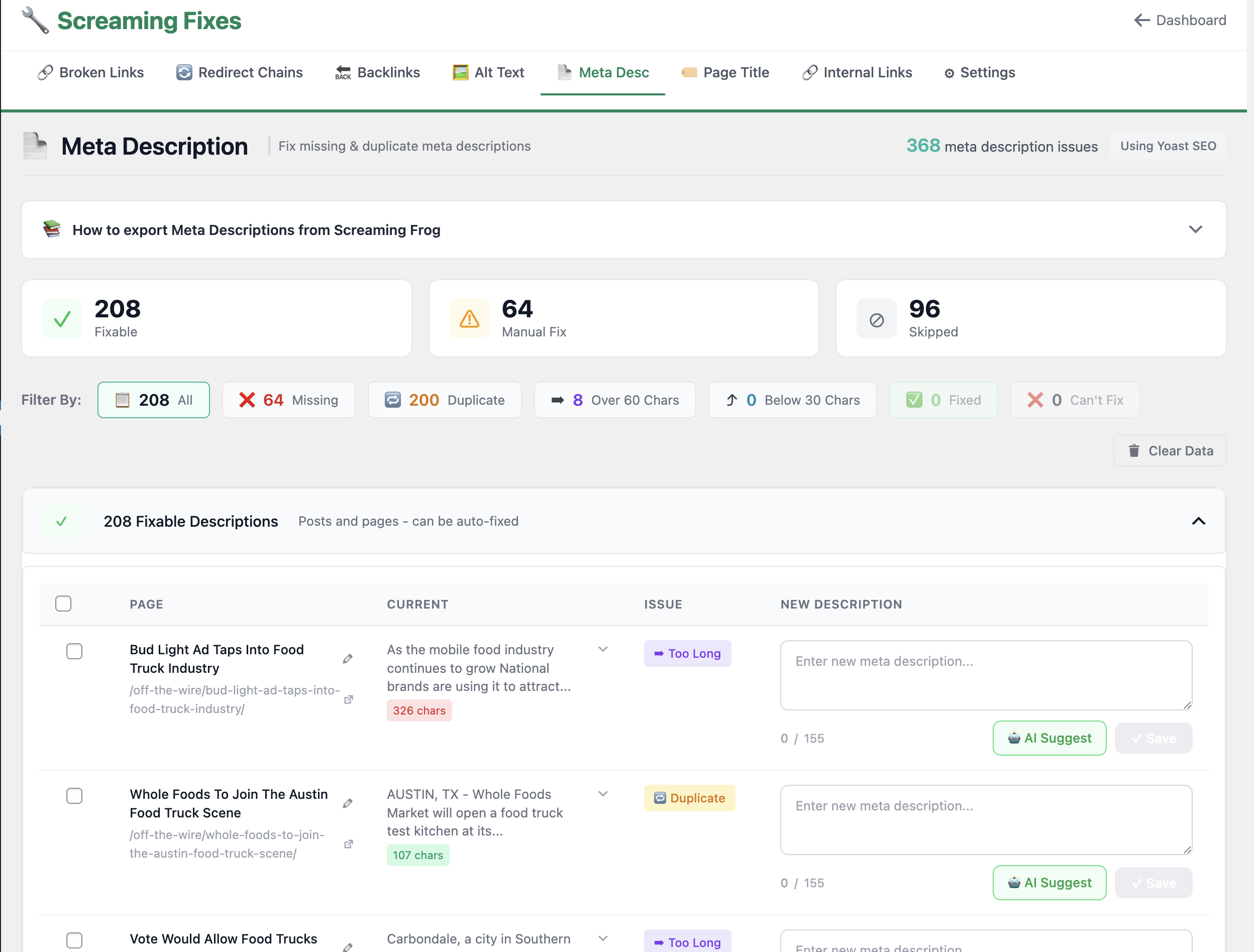 Screaming Fixes Meta Descriptions module - WordPress admin interface showing bulk meta description updates