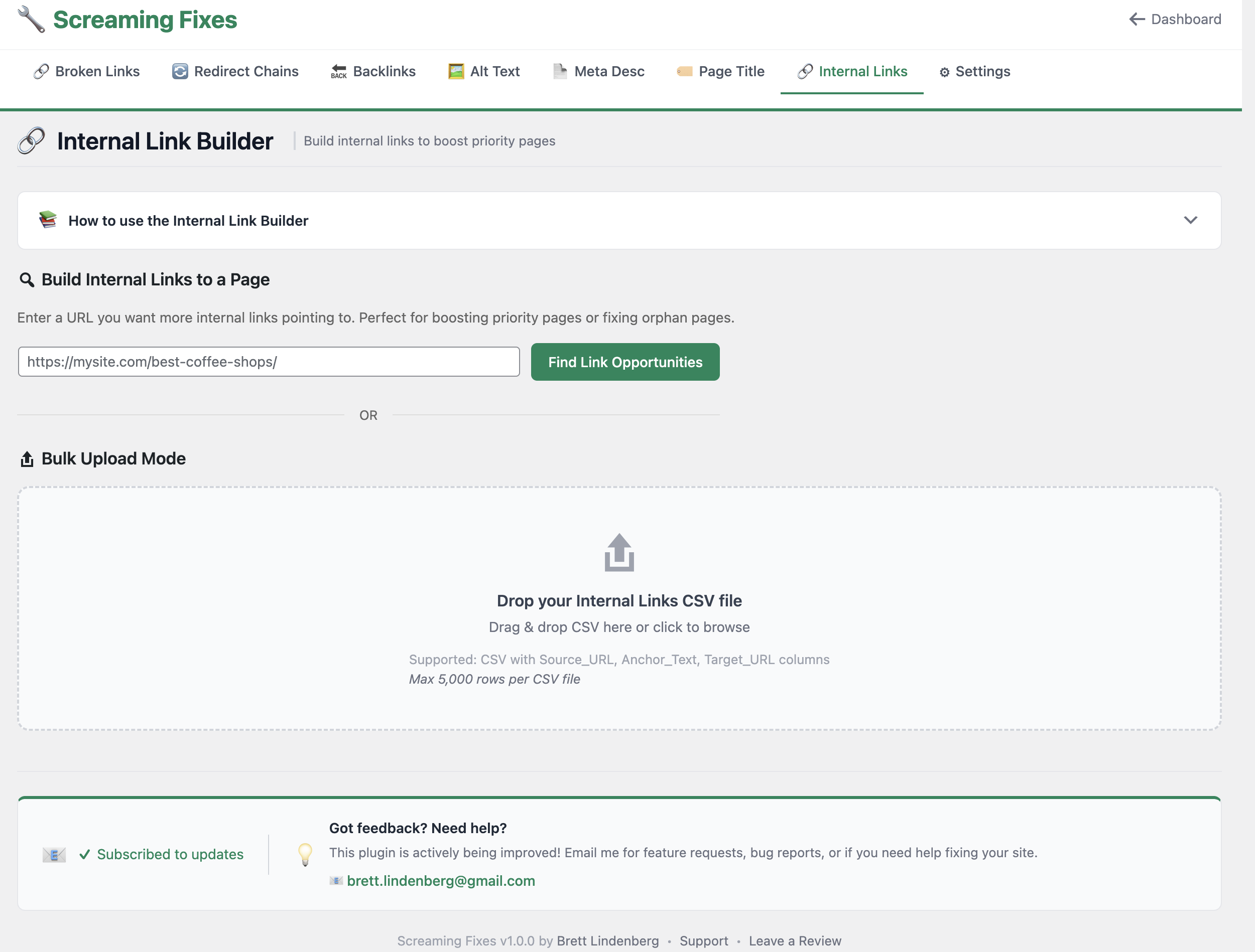 Screaming Fixes Orphan Pages module - WordPress admin interface showing orphan page discovery