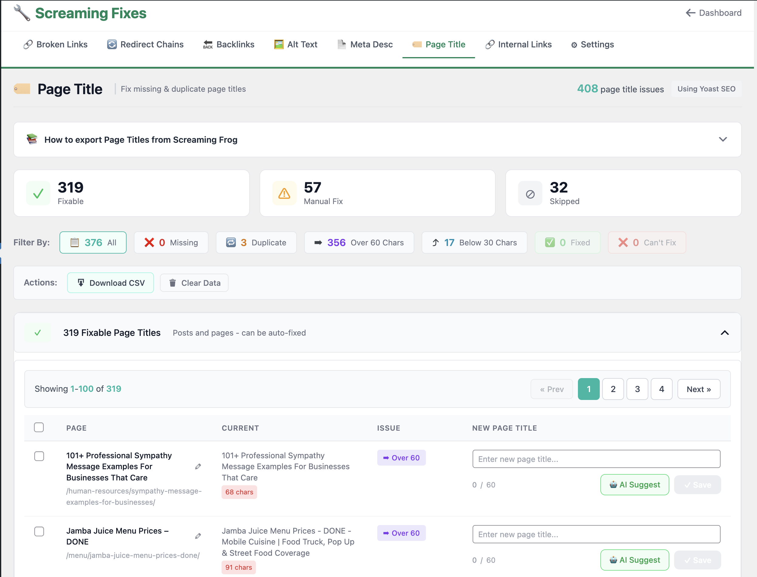 Screaming Fixes Page Titles module - WordPress admin interface showing bulk title tag fixes