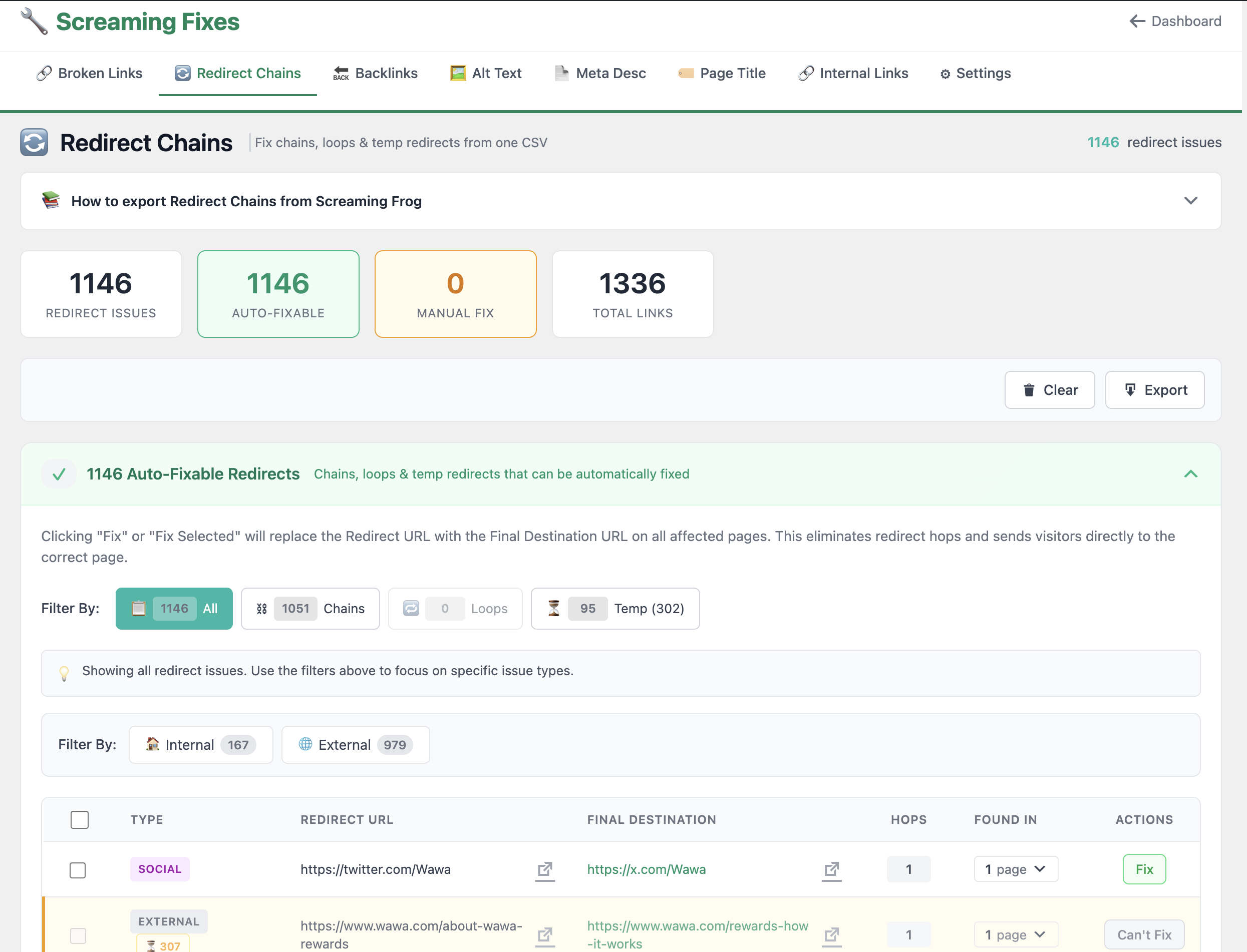Screaming Fixes Redirect Chains module - WordPress admin interface showing bulk redirect chain fixes